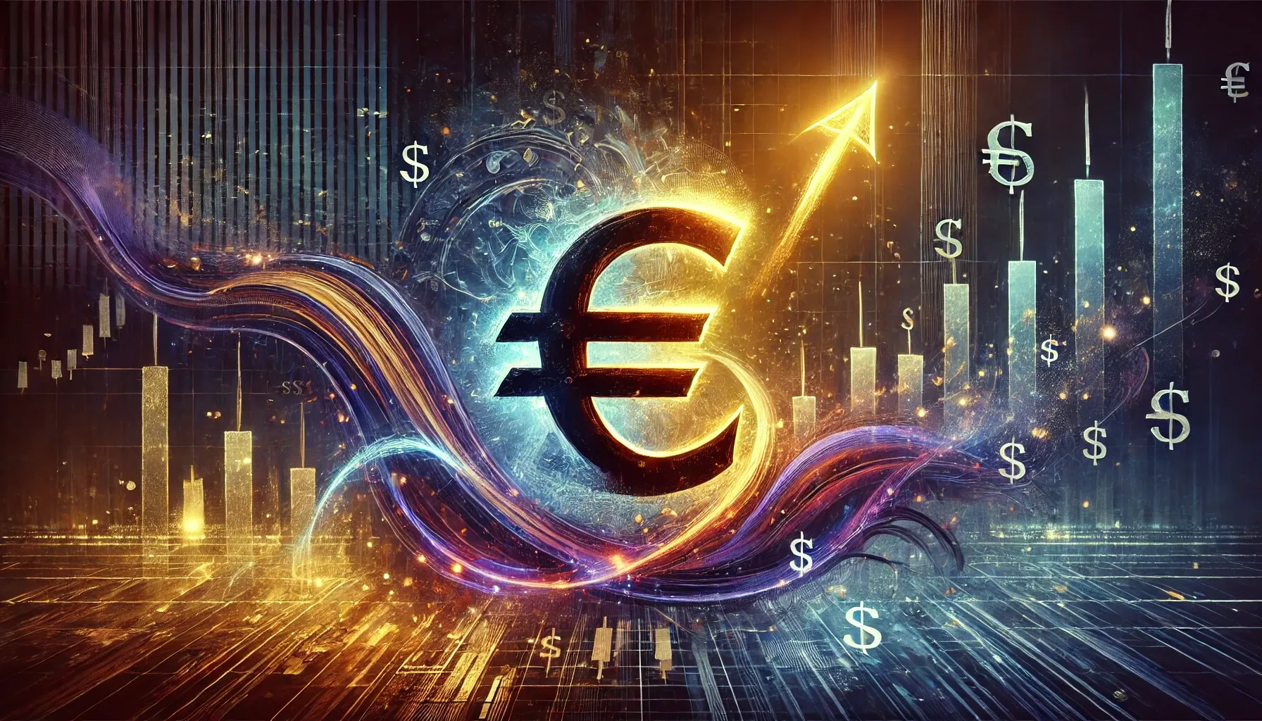 An abstract digital painting representing the rise of the Euro against the US Dollar.